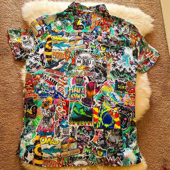 Y2K Maui and Sons Punk Shark Surf Skull Print Button Up Shirt - Picture 3 of 8